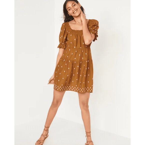 Old Navy Puff-Sleeve Tiered Smocked Embroidered Mini Swing Dress Gold 2X - Picture 2 of 8